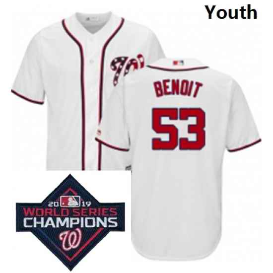 Youth Majestic Washington Nationals 53 Joaquin Benoit White Home Cool Base MLB Stitched 2019 World Series Champions Patch Jersey